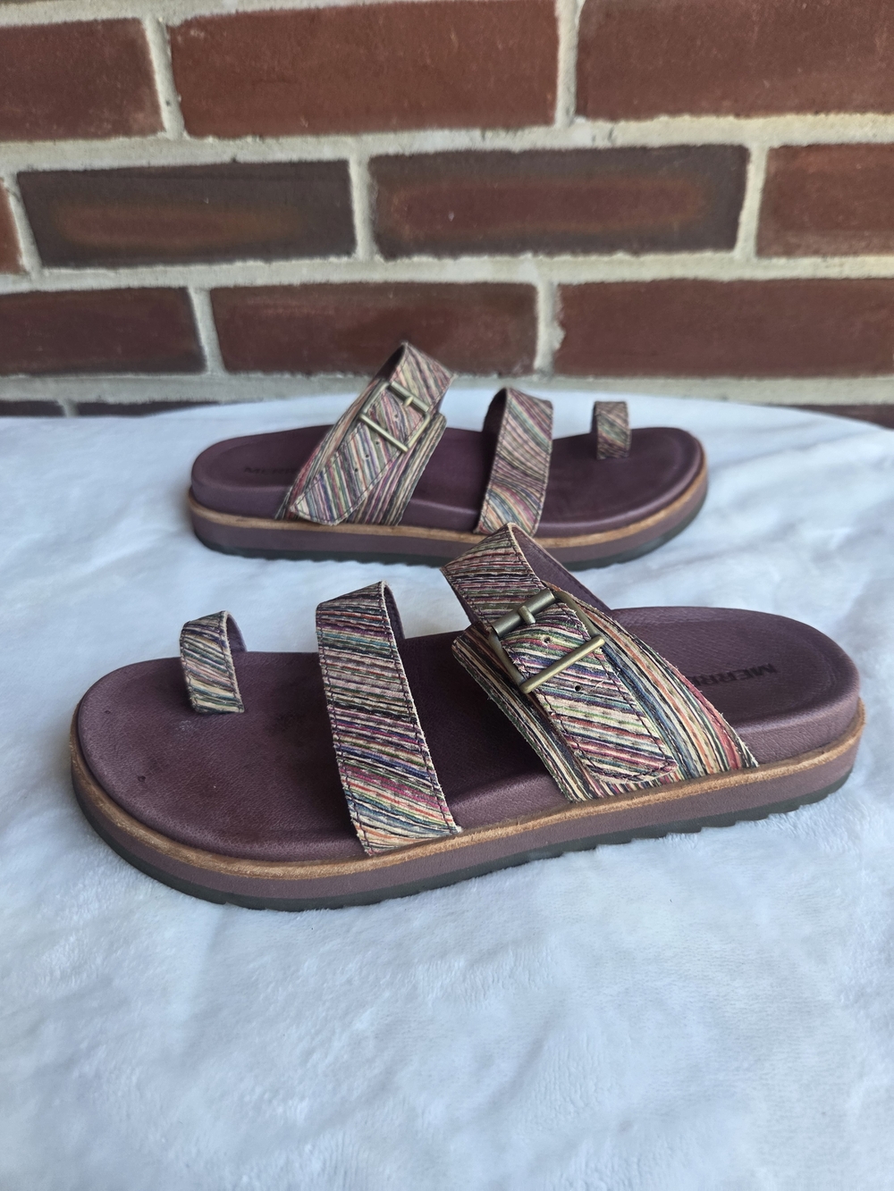 Merrell Stripe Slide Sandals Multicolor Leather Comfort Toe Loop Women's US 8